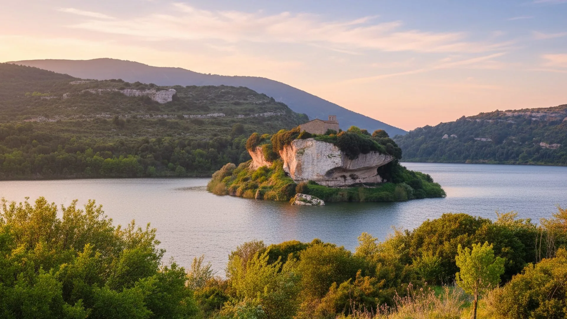 Un lago dell'interno con un isolotto roccioso, fra la macchia mediterranea al tramonto